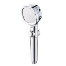 Pressure Water Saving Shower Head with Filter, OneClick Flow Stop, Adjustable Square Silver