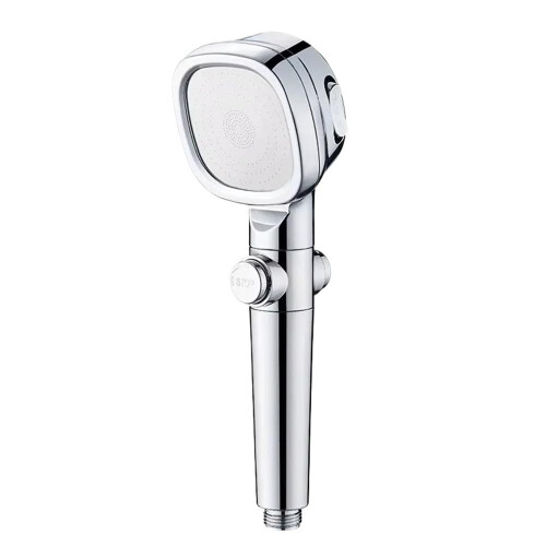 Pressure Water Saving Shower Head with Filter, OneClick Flow Stop, Adjustable Square Silver