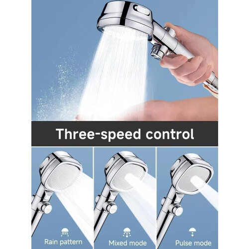 Pressure Water Saving Shower Head with Filter, OneClick Flow Stop, Adjustable Square Silver 1