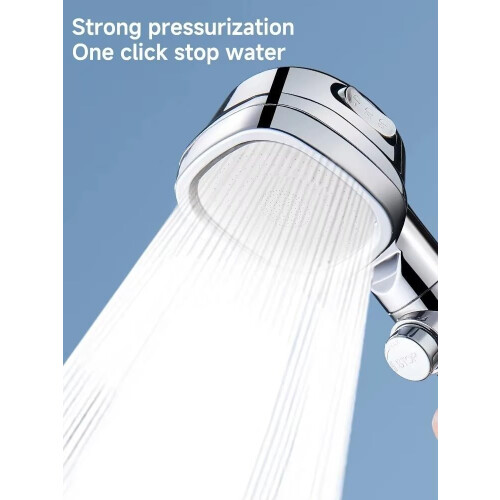 Pressure Water Saving Shower Head with Filter, OneClick Flow Stop, Adjustable Square Silver 2