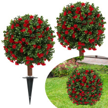 2 Pack 23.6' UV Resistant Artificial Flowering Topiary Trees with Weighted Base for Garden Patio Decor Red