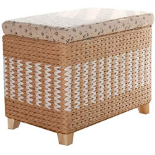 Handmade Rattan Furniture Ottoman with Large Wicker Storage Basket, Solid Wood Frame, Natural Brown 60x30x40cm