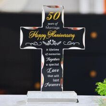 50th Wedding Anniversary Gift Laser Engraved Standing Glass Cross Keepsake in Elegant Gift Box
