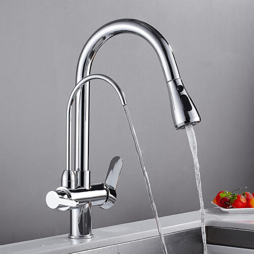 Solid Brass Pull Down Kitchen Faucet Single Handle with Hot and Cold Water Sprayer 2