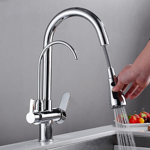 Solid Brass Pull Down Kitchen Faucet Single Handle with Hot and Cold Water Sprayer 1