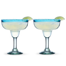 Handmade Mexican Margarita Glasses Set of 2 with Blue Rim, Recycled Glass, 10oz Large Stemmed