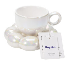 Ceramic Coffee Mug Set with Saucer and Sunflower Coaster, Handcrafted 6.5oz Pearl White Cup