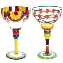 Set of 2 Mexican Hand Blown Margarita Glasses 10oz Vibrant Handpainted Cocktail Coupe Stemware