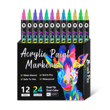 12 Stück Acryl-Marker, doppelseitiger Pinselspitze,