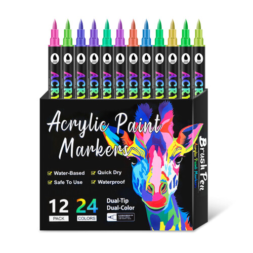 12 Stück Acryl-Marker, doppelseitiger Pinselspitze,