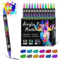 12 stuks dubbele kop acrylmarker met penseelpunt 24 kleuren