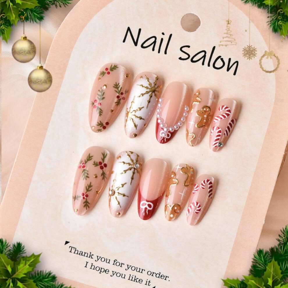 White,Red,Gold Christmas Press On Nails Red French Tip With Pearl Bow Gold Snowflake Reusable Winter Nail Set 24Pcs