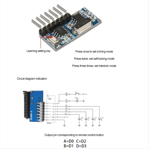 433mhz Receiver Learning Code Decoder Module 433Mhz Wireless 4 CH Output for Remote Controls 1527 2262 Encoding 1pcs 1