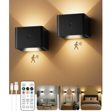 Wireless Wall Sconces Set of 2, Rechargeable Motion Sensor Lights with Remote for Bedroom and Hallway (Black)
