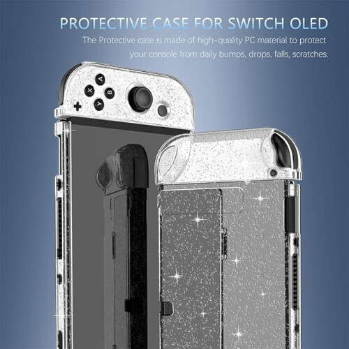 Capa protetora para Nintendo Switch OLED, capa rígida transparente com glitter e design dividido para Joy-Con, compatível com dock, de boa 2