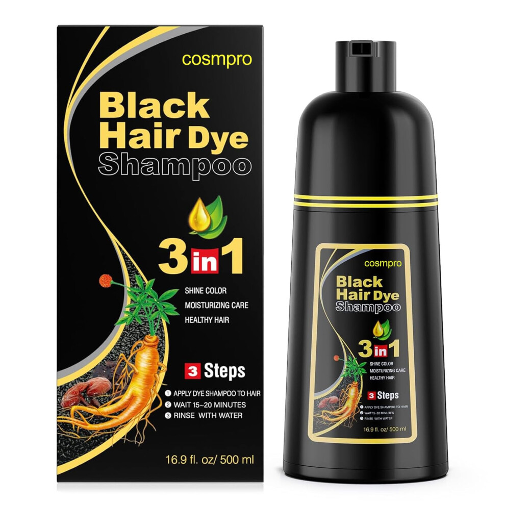 Black Hair Dye Shampoo For Gray Hair, 3 In 1 Longlasting Color With Instant Gray Coverage