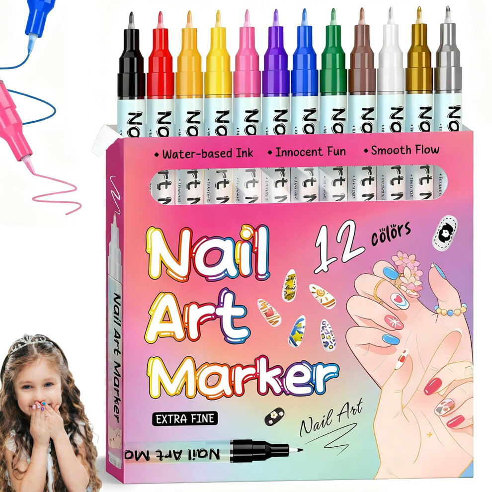 Waterproof Nail Art Pens Set 12 Colors QuickDry Fine Tip Markers for Detailed Nail Designs
