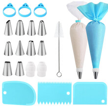 40 Piece Cake Decorating Kit with Metal Tips, Reusable and Disposable Piping Bags, Scrapers and Brush