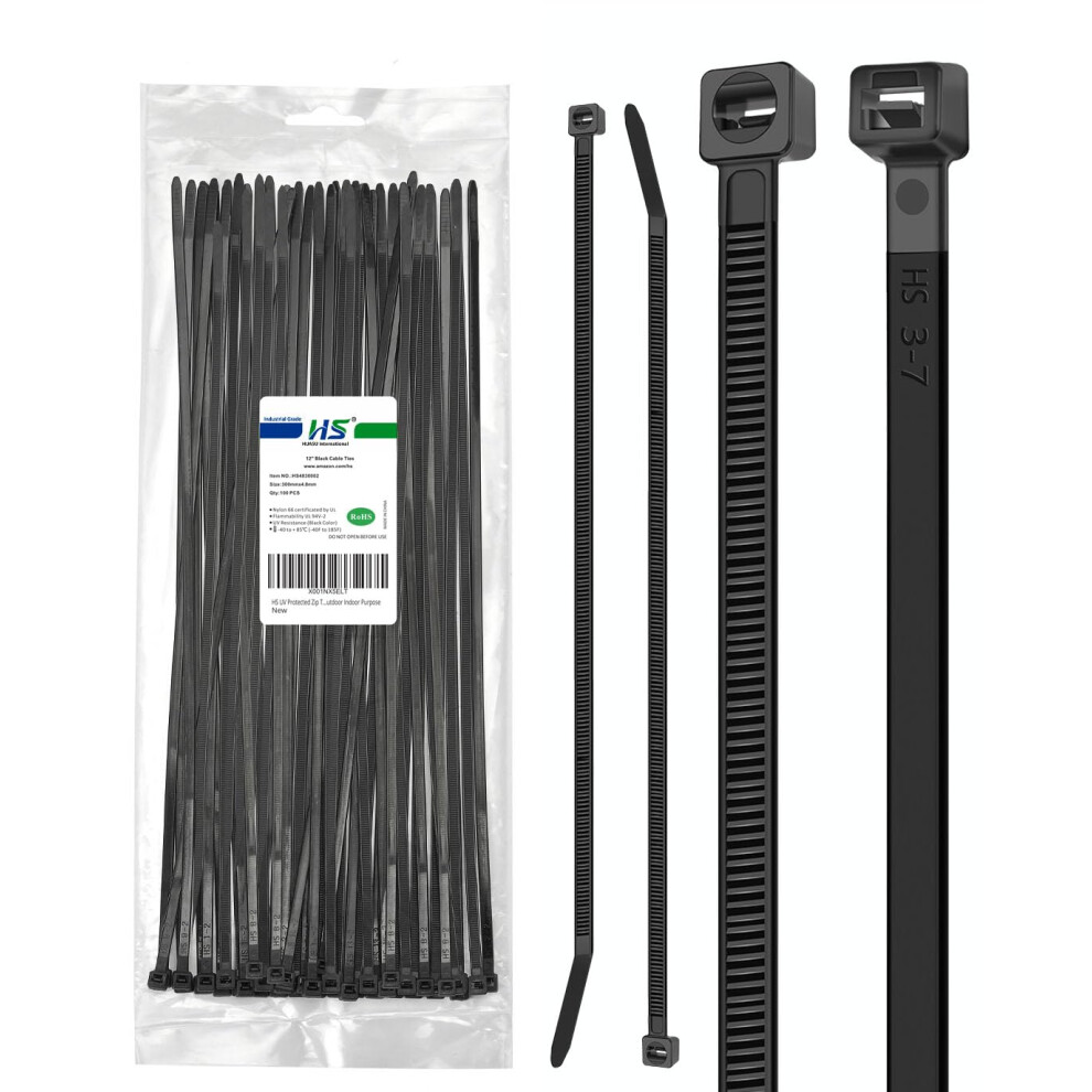 12 Inch Uv Resistant Zip Ties 100 Pack Heavy Duty Nylon Cable Ties 50Lbs Self Locking Outdoor Black 9001264049225