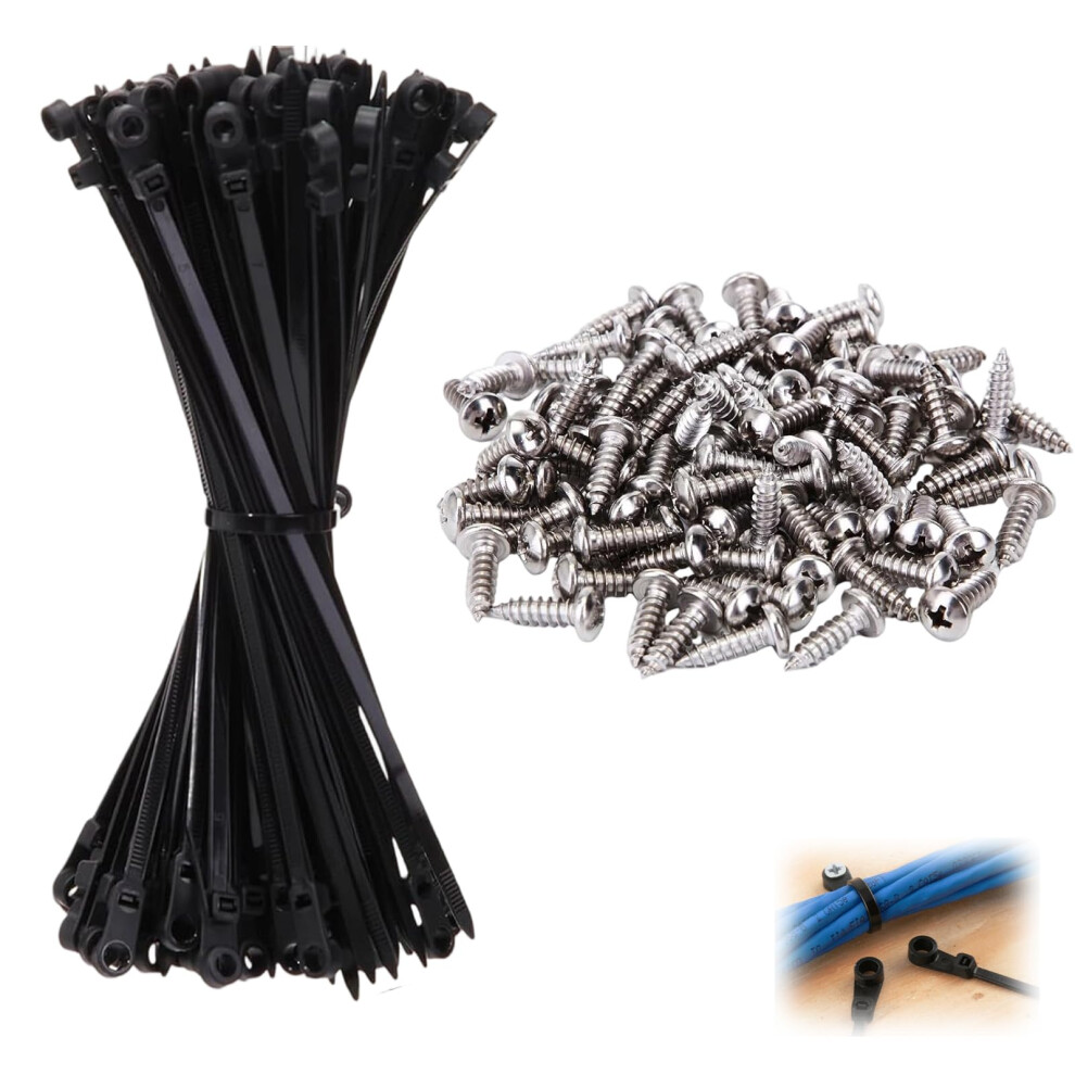 100Pcs Black Nylon Cable Ties With Screw Mount, Weatherproof Selflocking For Indoor Outdoor 9426802882001