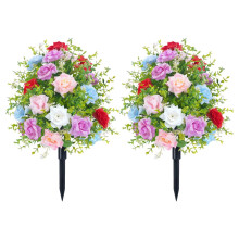 2 Pack Artificial Outdoor Plants UV Resistant Faux Rose and Morning Glory Topiary Trees 20 Inch with Ground Spikes for Garden Porch Patio