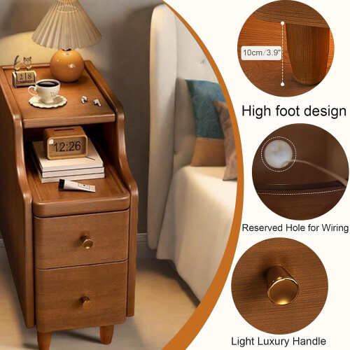 Nightstand with Drawers, Slim Solid Wood Bedside Table for Small Spaces with PullOut Tray 1
