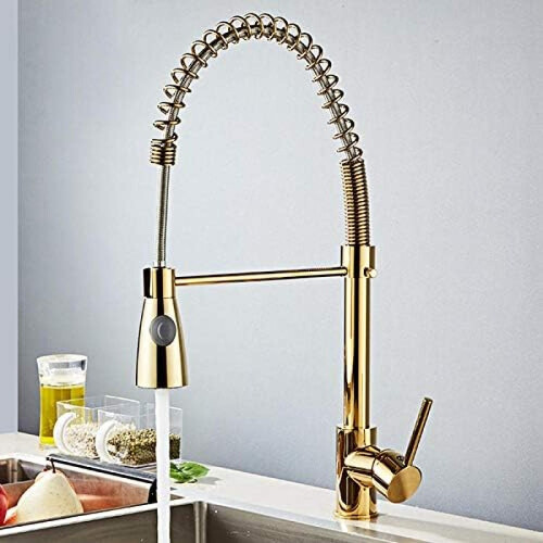 Solid Brass Pull Down Kitchen Faucet 360 Swivel Dual Mode Sprayer Hot Cold Sink Mixer Gold