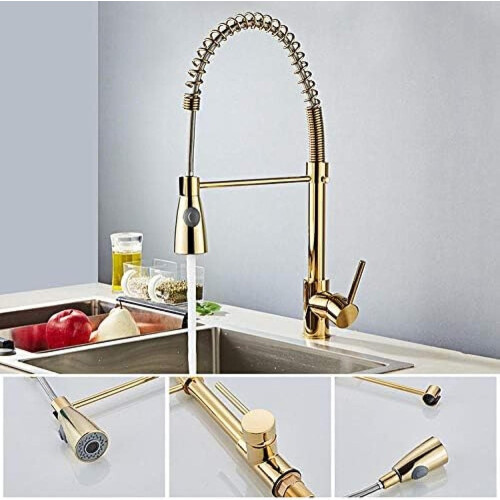 Solid Brass Pull Down Kitchen Faucet 360 Swivel Dual Mode Sprayer Hot Cold Sink Mixer Gold 1