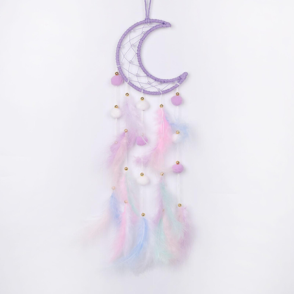 Handmade Moon Dream Catcher For Kids Nursery Wall Decor With Feathers 25.6In Purple