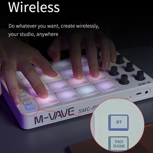 Wireless MIDI Pad Bluetooth MIDI Controller,16 Pads & 8 Assignable Knobs, Portable USB-C Powered W/Built-in Battery White 2