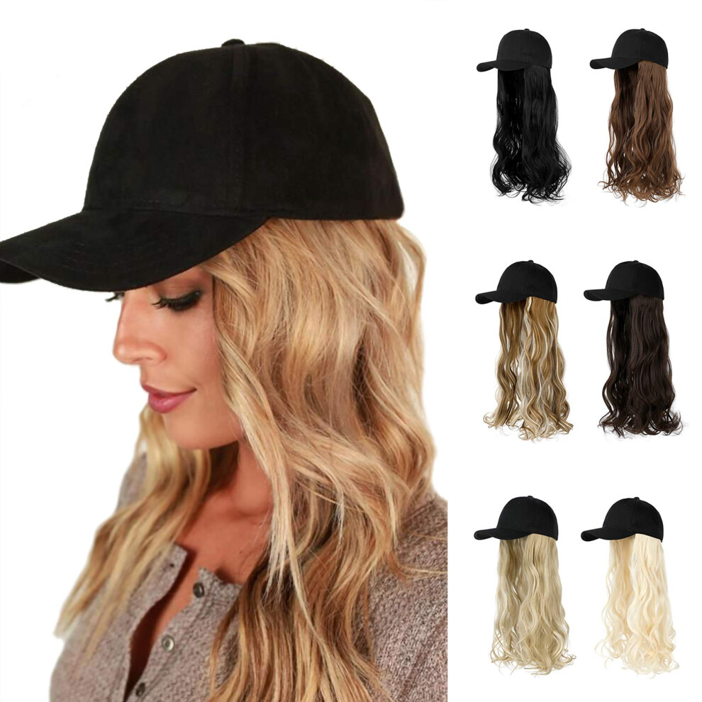 Wig Hat Baseball Cap with Long Wavy Synthetic Hair Extensions Adjustable Strap Dark Black 24inch