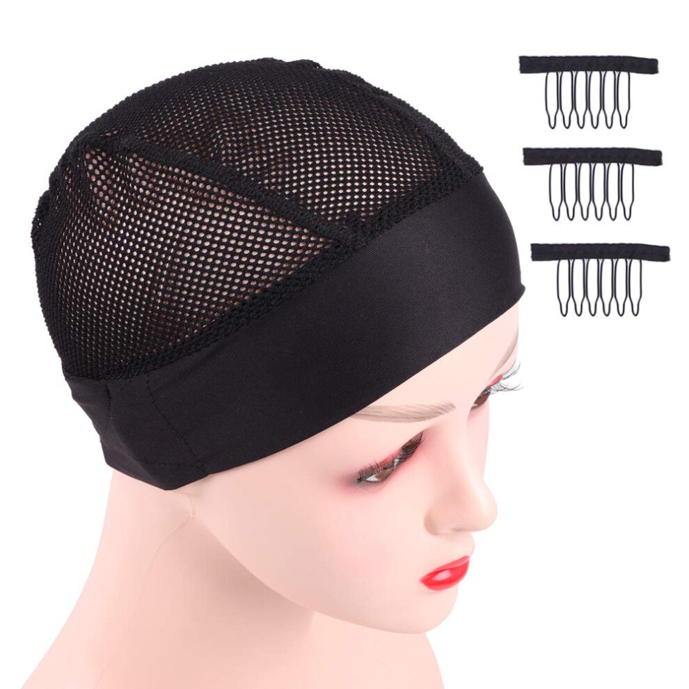 2pcs Black Headband Wig Cap with 6 Styling Combs, Crochet Wig Cap for Making Wigs Adjustable Fit