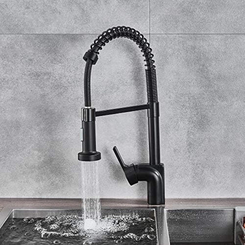 Black Kitchen Faucet with Pull Down Sprayer, Deck Mounted Solid Brass Mixer Tap, 2 Function Spout 2