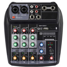 4 Channel USB Audio Mixer with Bluetooth, Builtin Sound Card, 48V Phantom Power for DJ and Podcast