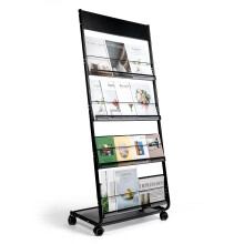 4 Tier Magazine Display Rack with Wheels, Metal Brochure Stand for Office Exhibitions, Black