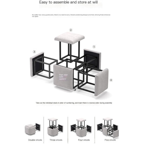 5in1 Stackable Ottoman Cube with Swivel Casters, SpaceSaving Convertible Seating Set, Blue 45x45cm 1