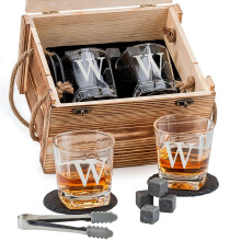 Whiskey Glass Gift Set with Custom Engraving, Chilling Stones and Rustic Wooden Crate