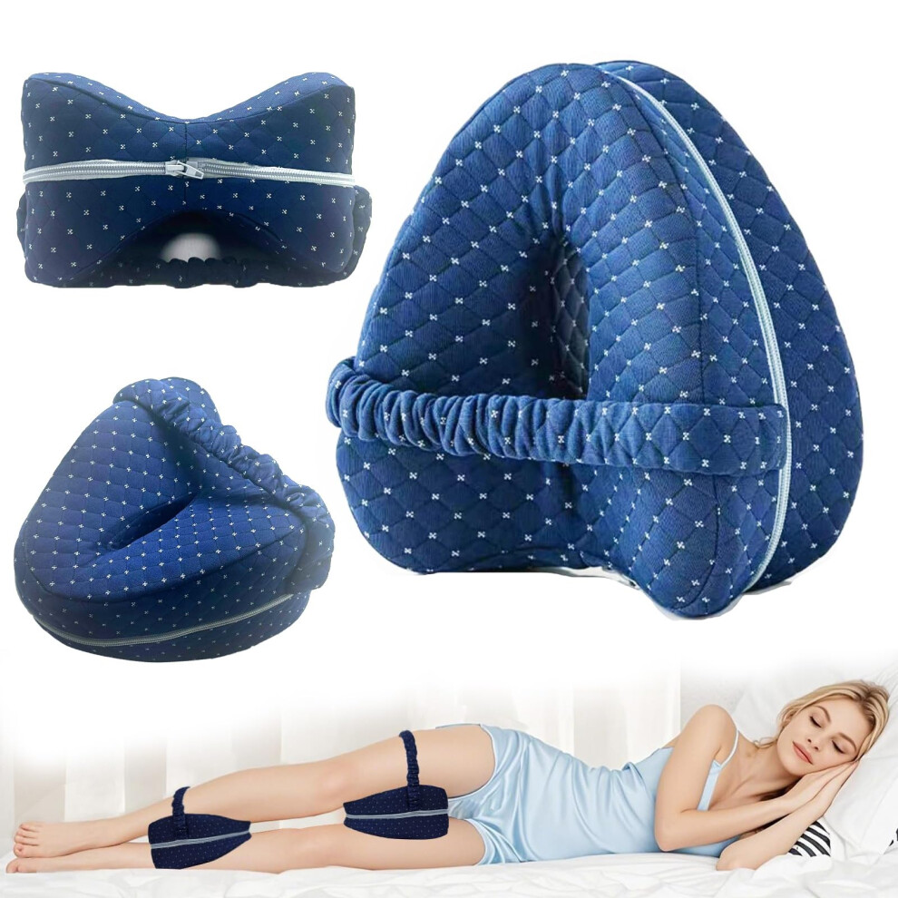 Blue Side Sleeper Pillow With Memory Foam Knee Support, Ergonomic Heart Shape, Adjustable Straps, Grid