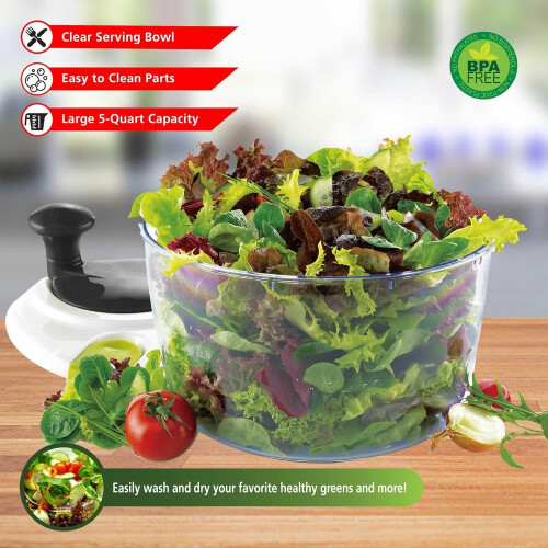 Large 5 Quart Salad Spinner with Serving Bowl, Manual Vegetable Spinner, Locking Lid and NonSlip Base 1