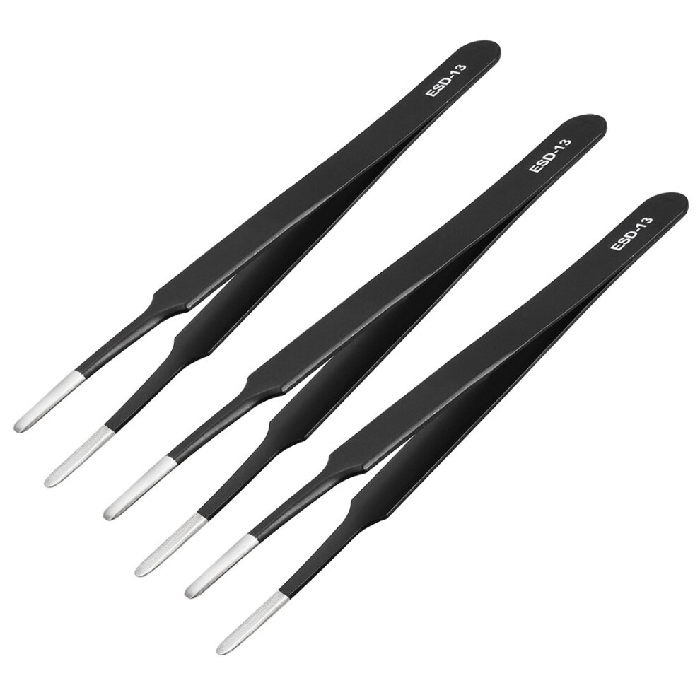 ESD13 Stainless Steel Blunt Tip AntiStatic Tweezers Set, NonMagnetic Precision for Electronics and Jewelry, 3 Pcs