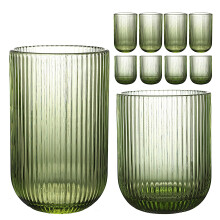 8Piece Ribbed Drinking Glassware Set, Green Origami Style Highball and Rocks Glasses, Fluted Ripple Design