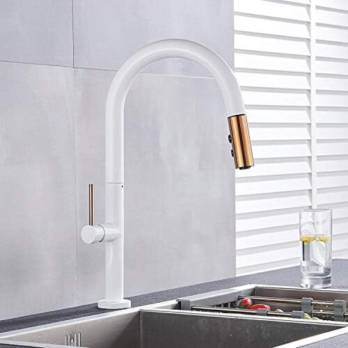 Kitchen Faucet Pull Out Spray Tap 360 Swivel Solid Brass Mixer for Sink Black and White