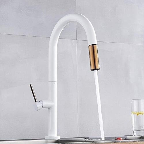 Kitchen Faucet Pull Out Spray Tap 360 Swivel Solid Brass Mixer for Sink Black and White 1