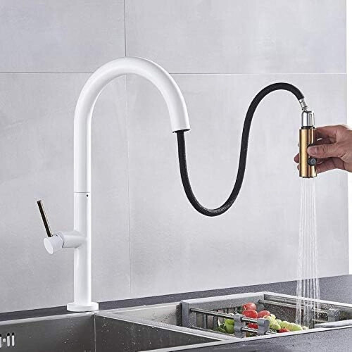 Kitchen Faucet Pull Out Spray Tap 360 Swivel Solid Brass Mixer for Sink Black and White 2