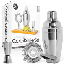 3 Piece Stainless Steel Cocktail Shaker Set with Jigger and Strainer for Home Bar Martini Mixing