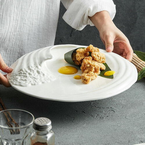 Ceramic Dinnerware Set 12 Inch Kanagawa Wave Plate with Elegant 3D Ocean Design, Microwave Safe 1