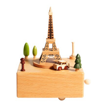 Wooden Music Box with Elegant Paris Scene, Rotating Car Display, Wind Up Gift for Home Decor