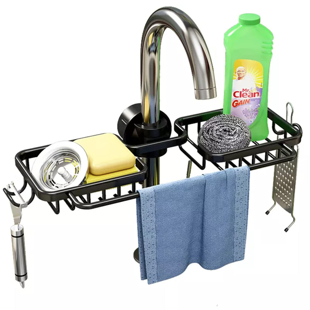 Kitchen Sink Caddy Faucet Sponge Holder, Double Tier Stainless Steel Organizer With Dishcloth Rack, Fast Dry Drain Rack Black Finish 9426802887341