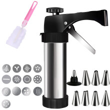 Stainless Steel Cookie Press Gun Kit with 8 Icing Tips, 13 Discs, EasySqueeze Handle for Baking