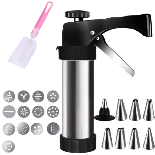 Stainless Steel Cookie Press Gun Kit with 8 Icing Tips, 13 Discs, EasySqueeze Handle for Baking